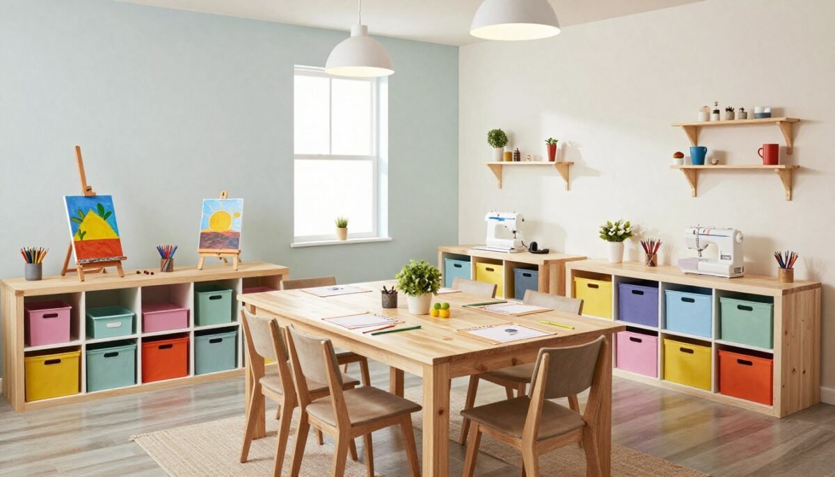 craft room with designated zones for different activities and supplies