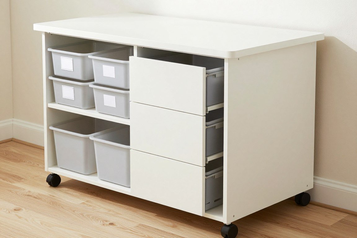 craft table with organized storage drawers and bins underneath