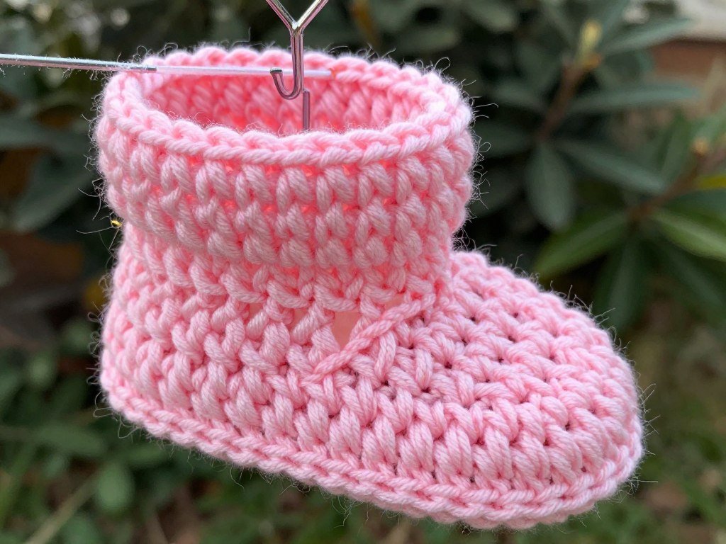 crochet baby bootie in progress showing pattern steps