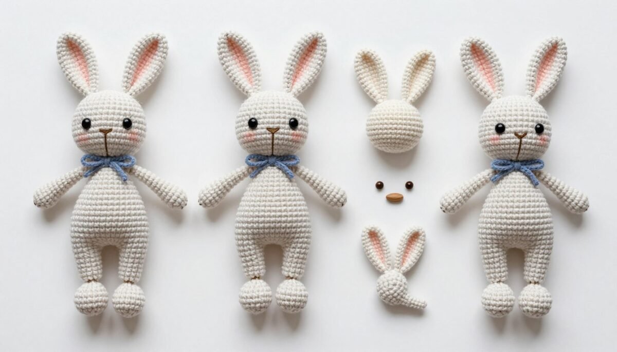 crochet bunny pieces laid out before assembly
