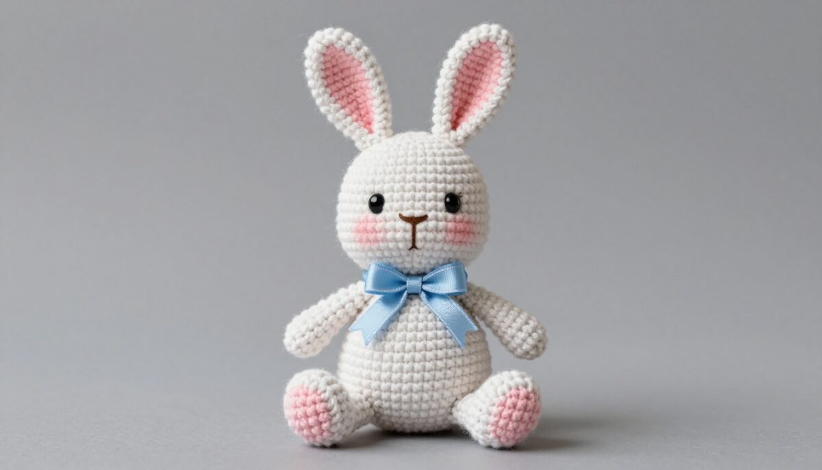 crochet bunny with ribbon bow accessory