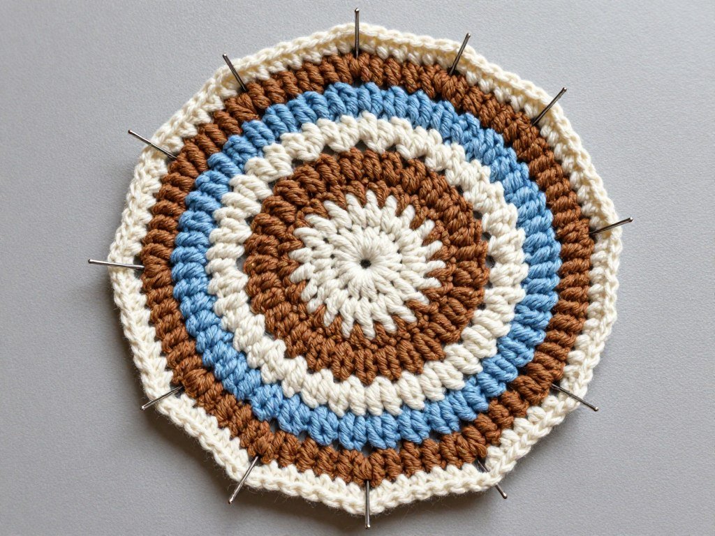 crochet coaster being blocked with pins on foam board