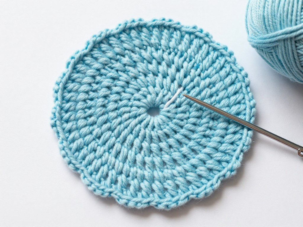 crochet coaster showing rounds 2 through 4 in progress with visible stitch pattern