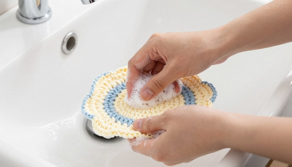 crochet coasters being hand washed in sink with gentle soap