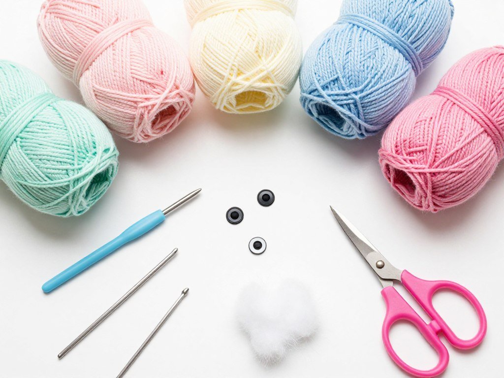 crochet supplies including worsted weight yarn, crochet hook, safety eyes, and stuffing