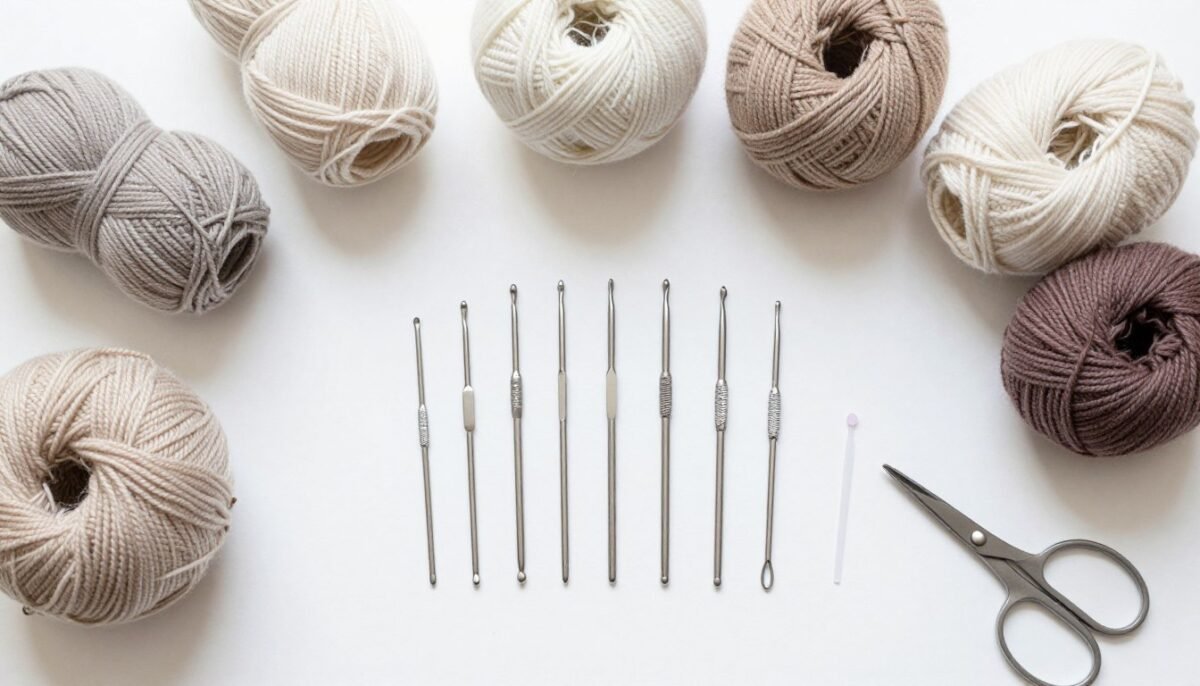 crochet supplies laid out including cotton yarn hooks scissors and stitch markers