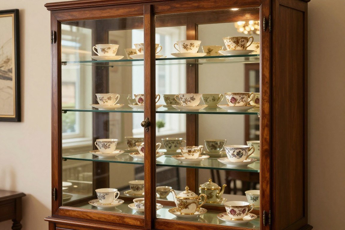 curio cabinet with mirrored back displaying tea cups