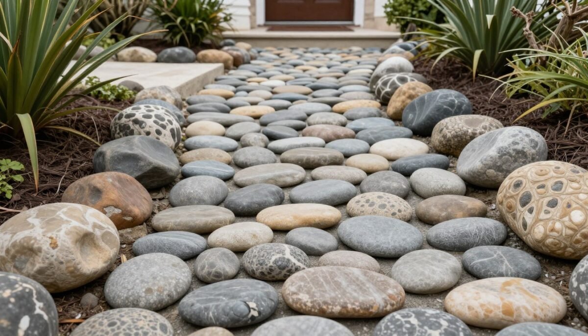 curved front yard pathway made with smooth river rocks bordered by larger stones