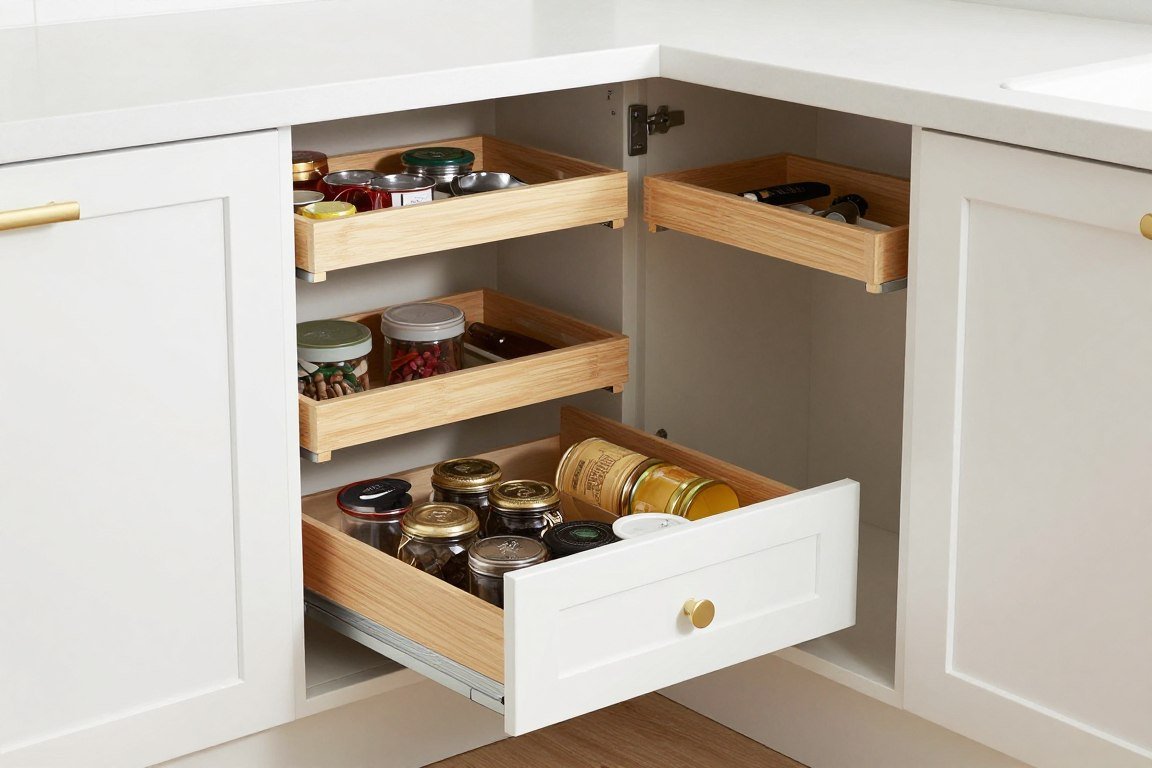 custom corner pantry cabinet with specialized storage compartments