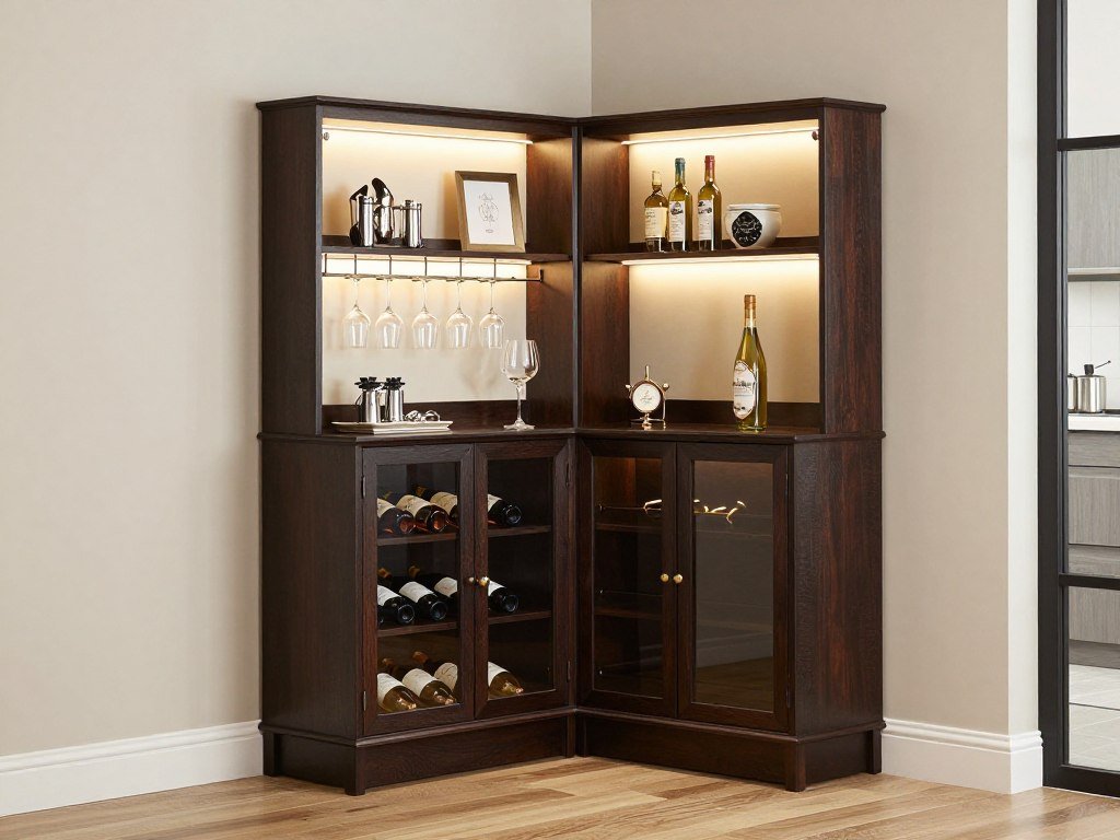 dark wood corner bar cabinet with glass doors displaying wine collection and glassware