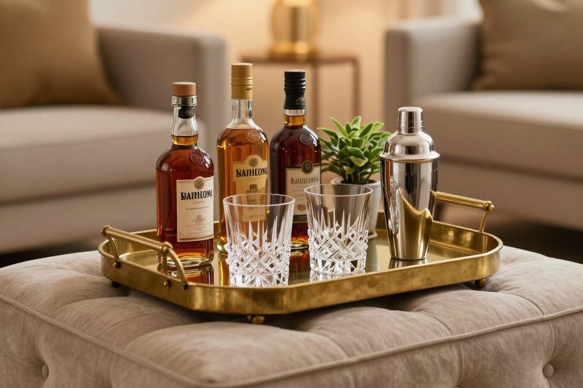 decorative bar tray on ottoman with cocktail essentials