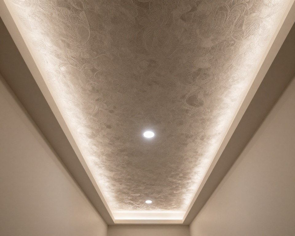 decorative ceiling treatment in narrow hallway with wallpaper