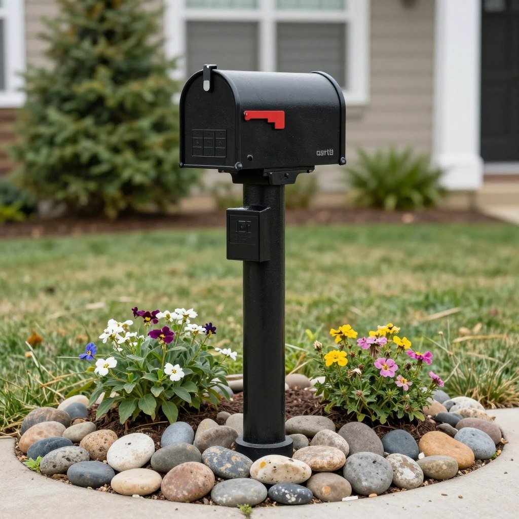 decorative mailbox post surrounded by river rocks and ornamental plants