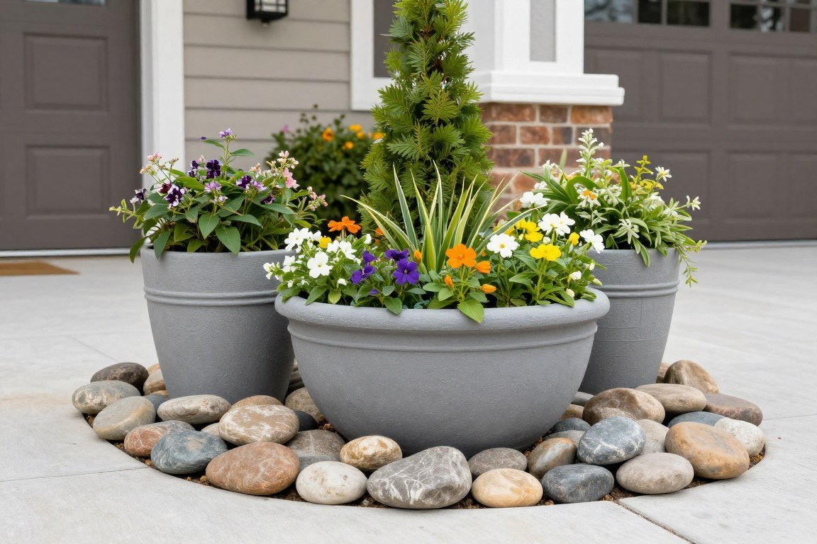 decorative planters surrounded by river rocks creating cohesive front yard design