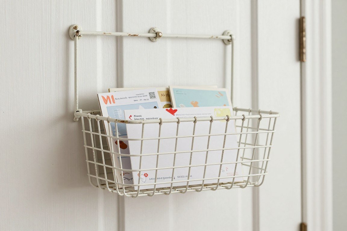 decorative wire basket mounted on bedroom door