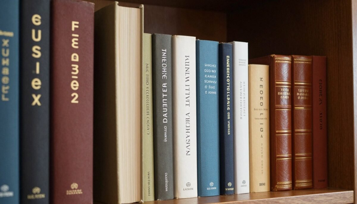 detail shot showing size transition from large art books to medium novels to small vintage books