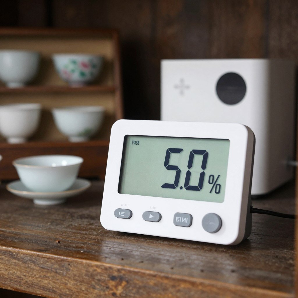 digital hygrometer monitoring humidity near tea cup display
