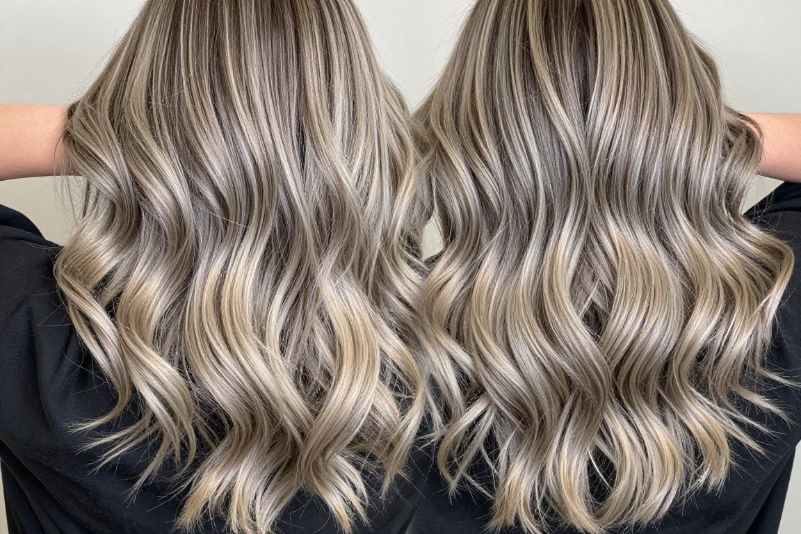 dimensional ash blonde balayage with root shadow
