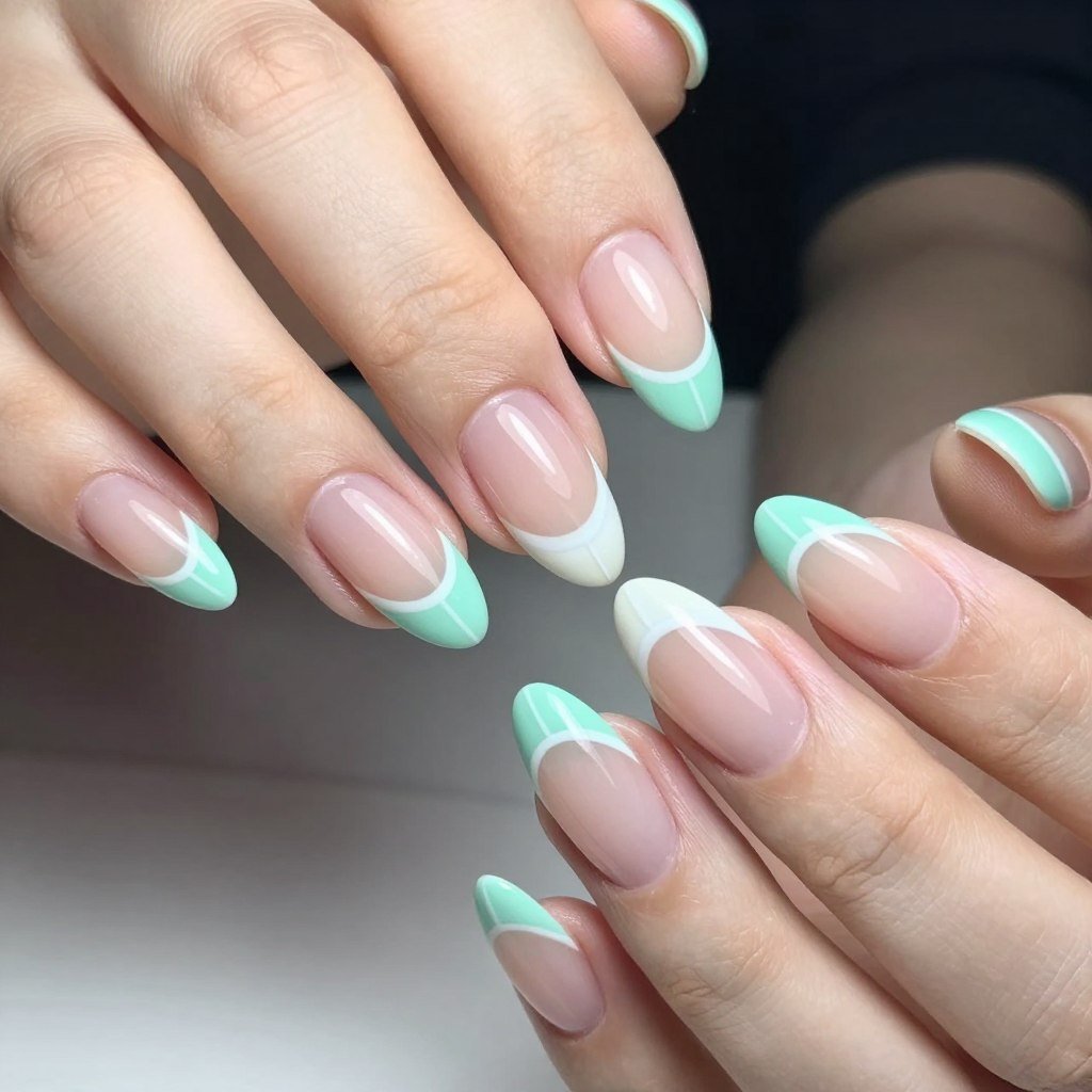 double french tip May nail design with mint and white parallel lines