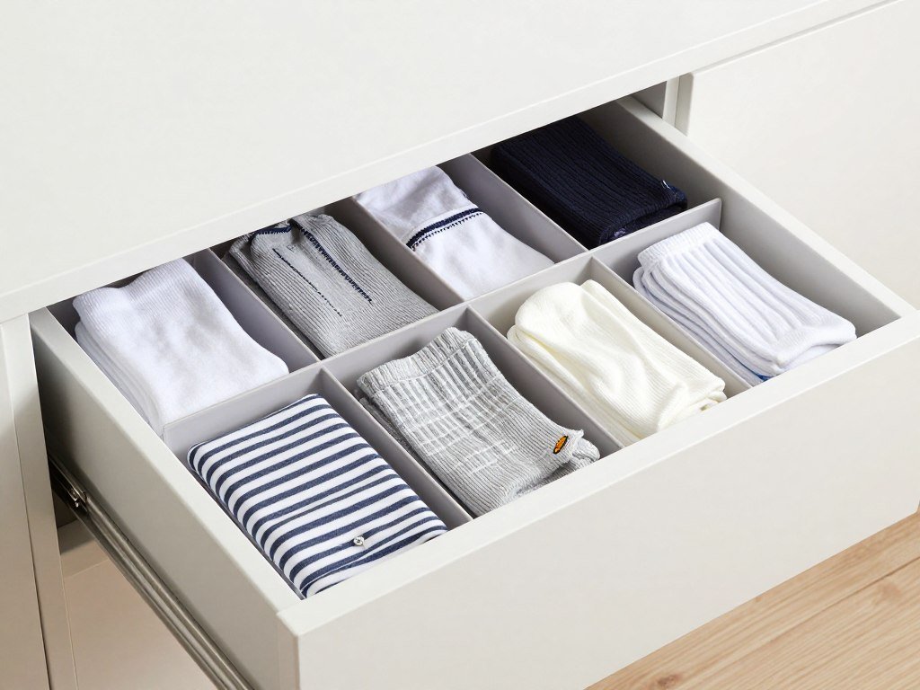 drawer with IKEA KOMPLEMENT organizers separating socks and accessories