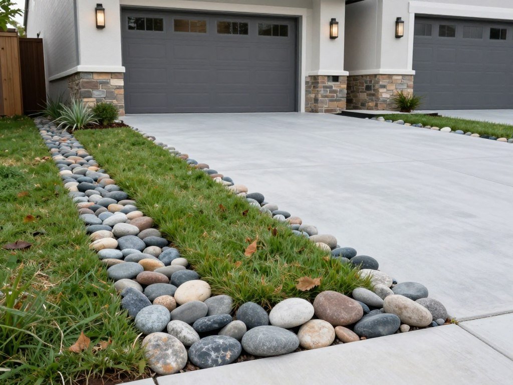 driveway edges lined with river rocks creating defined borders and reducing maintenance
