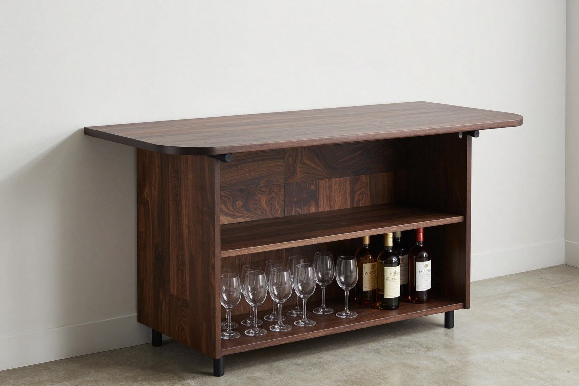 drop-leaf bar table in compact and expanded positions