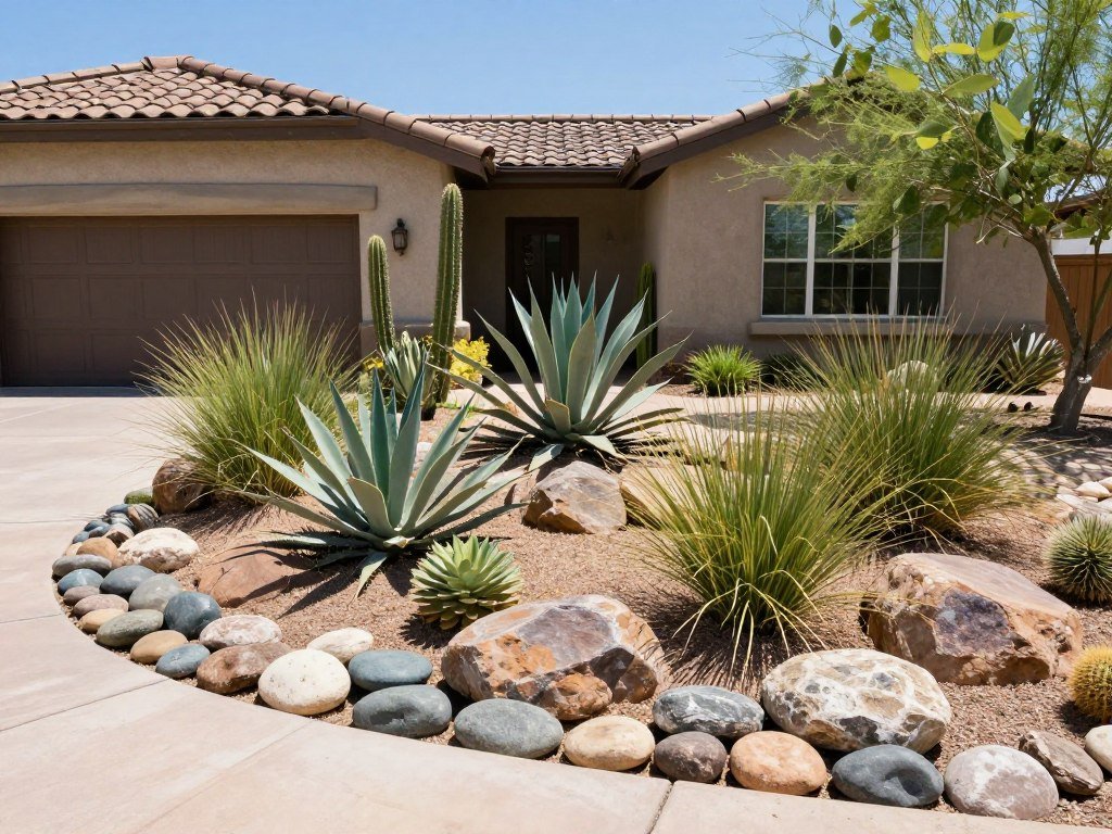 drought-tolerant xeriscape garden with river rocks and native desert plants in front yard