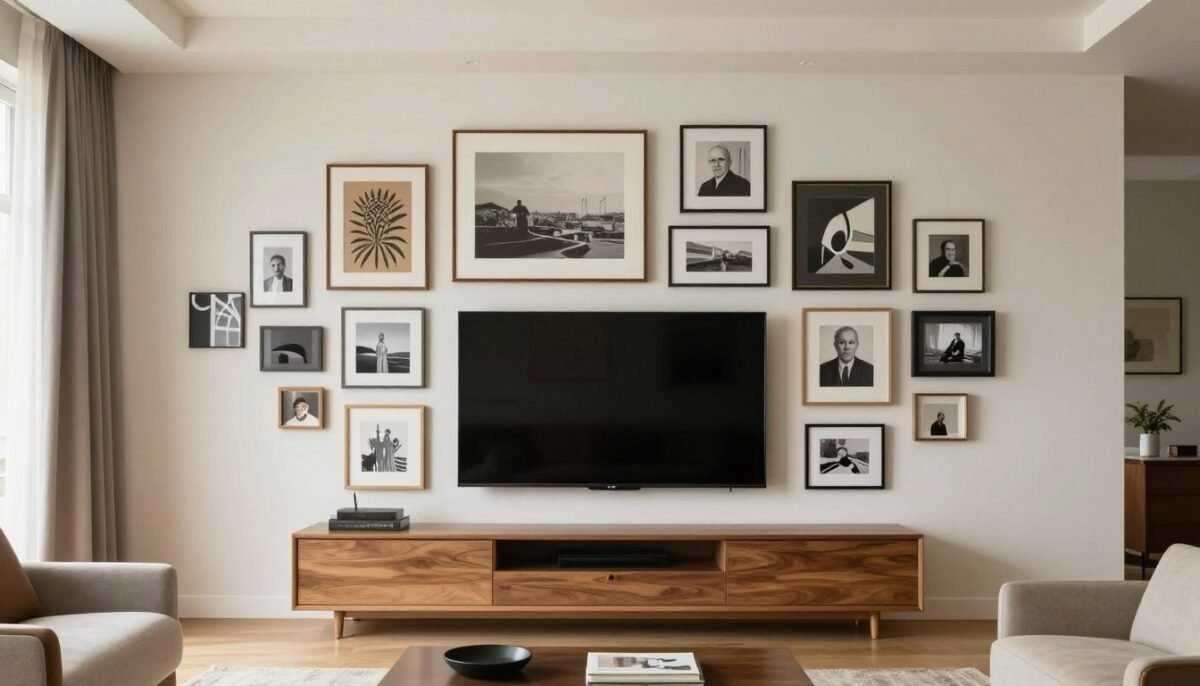 eclectic asymmetrical TV gallery wall with mixed frame sizes and styles creating organic arrangement