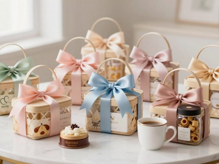 elegant gift basket ideas arranged on table with ribbon