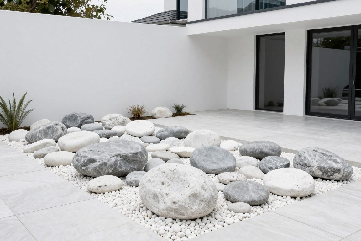 elegant monochromatic front yard using white river rocks exclusively for cohesive design