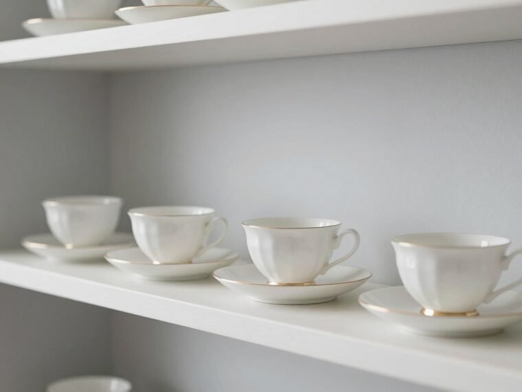 elegant tea cups displayed on floating shelves with soft lighting