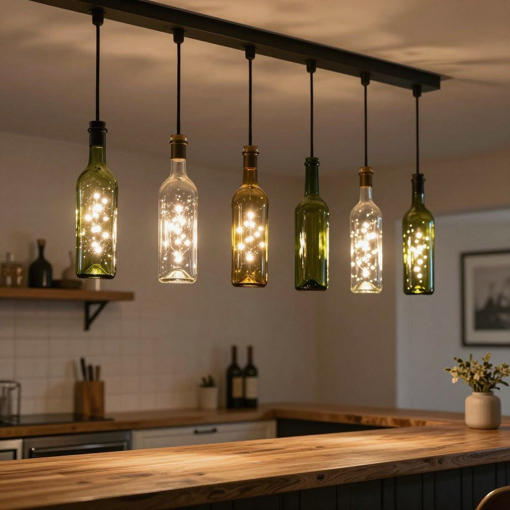 empty wine bottles converted to hanging pendant lights