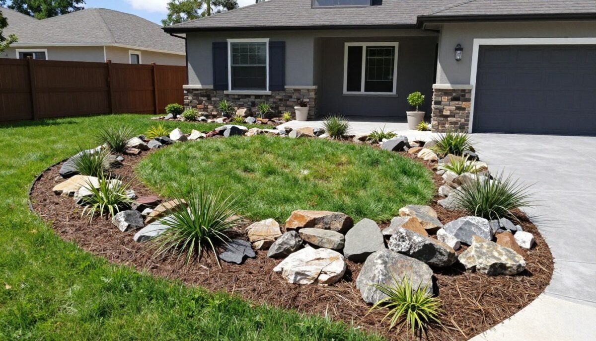 entire front yard covered with river rocks replacing traditional lawn and mulch completely
