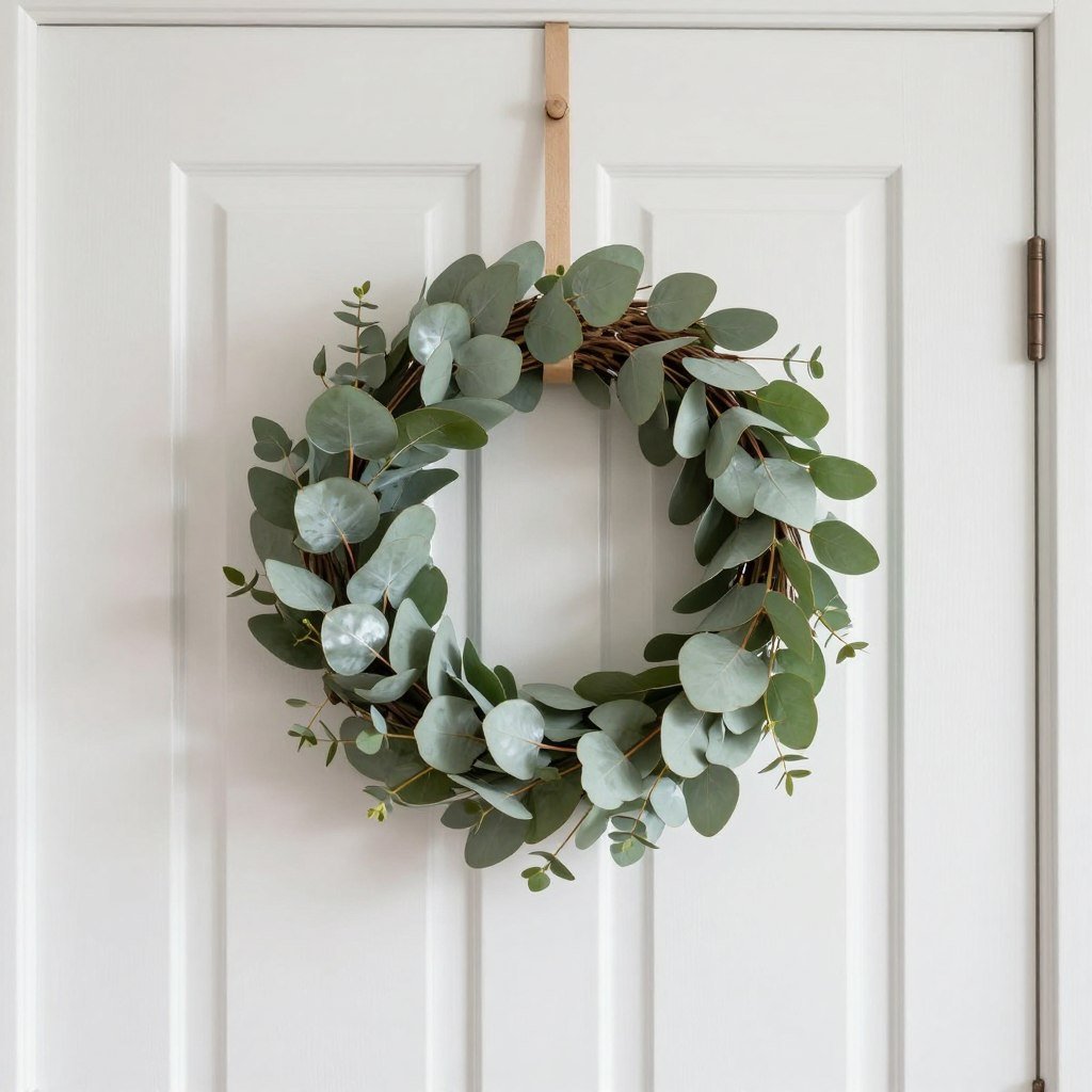 eucalyptus wreath on bedroom door with natural greenery decor