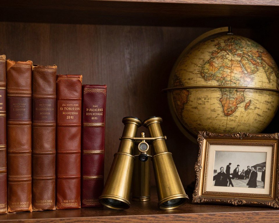 eye-level shelf styled as focal point with leather-bound books and vintage objects