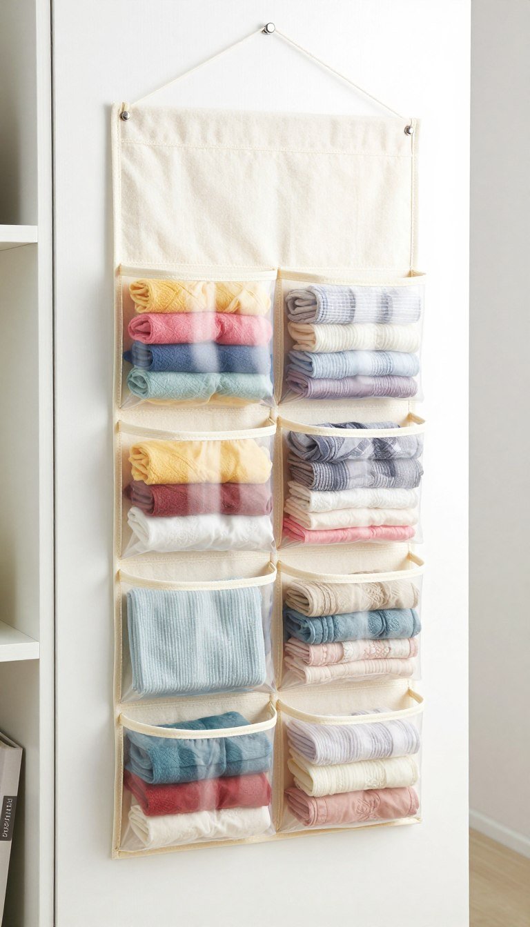 fabric hanging organizer with multiple pockets filled with folded textiles mounted on closet door