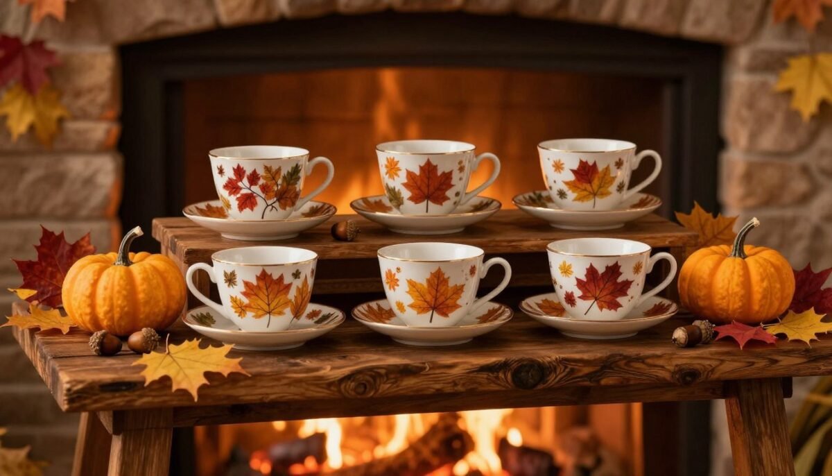 fall tea cup display with autumn themed decorations fall tea cup display with autumn themed decorations