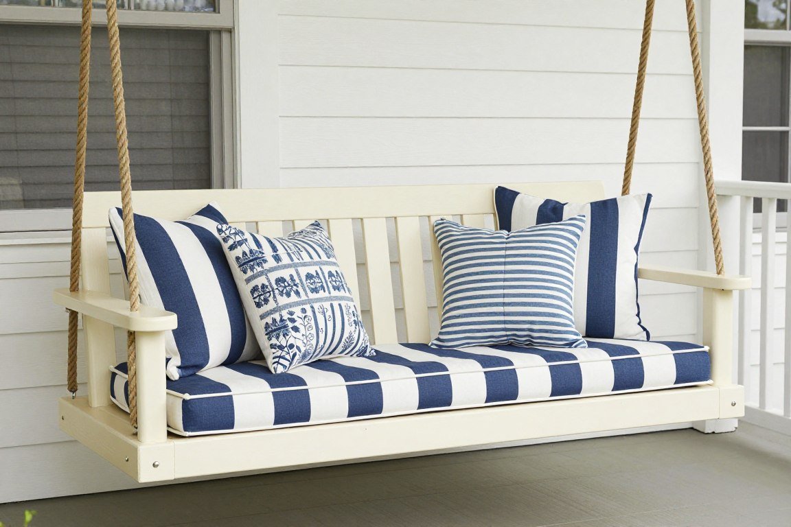 farmhouse porch swing with striped cushions and pillows