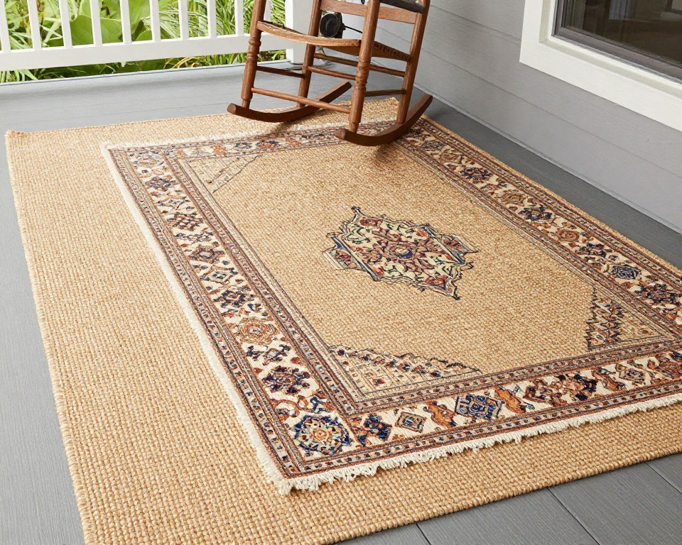 farmhouse porch with layered outdoor rugs in neutral tones