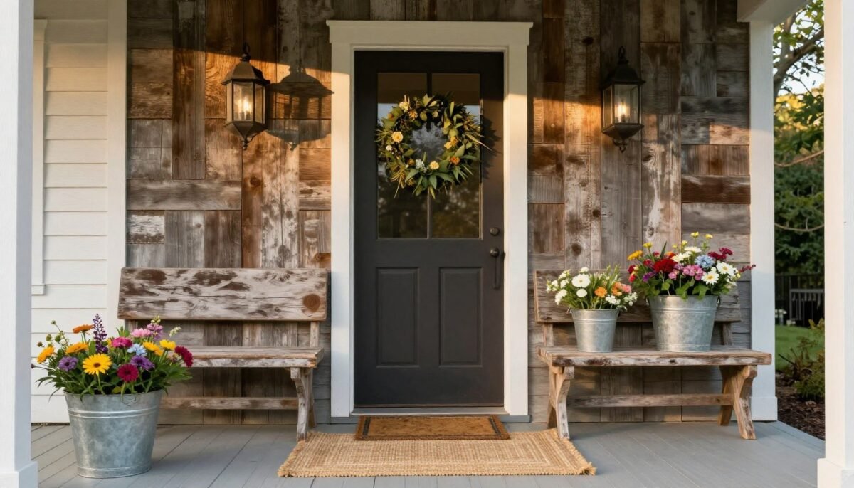 farmhouse porch with reclaimed wood accents and natural fiber rug