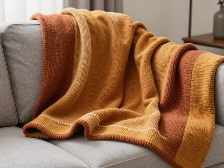 finished colorful afghan blanket draped over couch