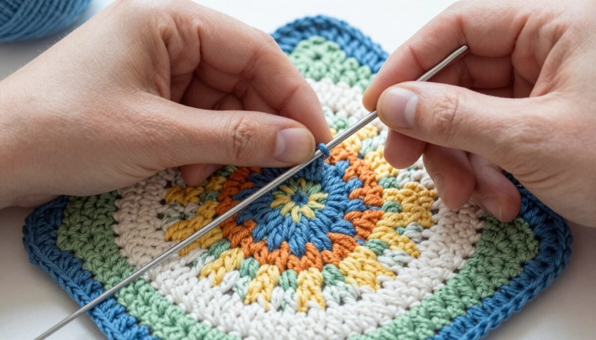 finished crochet coaster with yarn needle weaving in ends