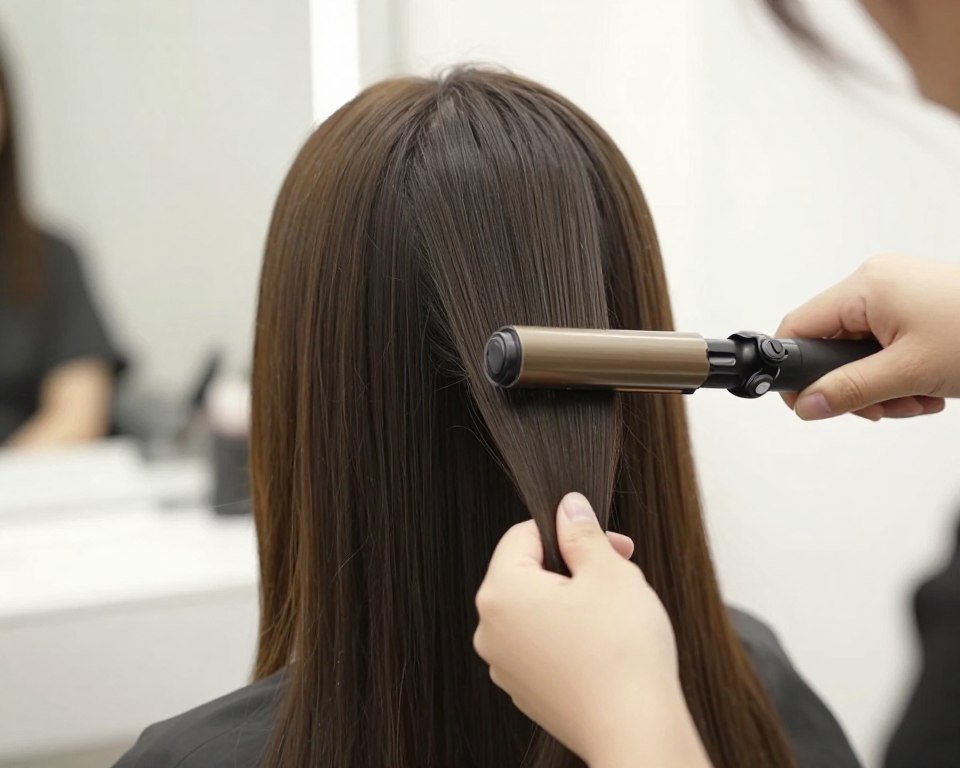 flat iron creating sleek ends on medium length hair