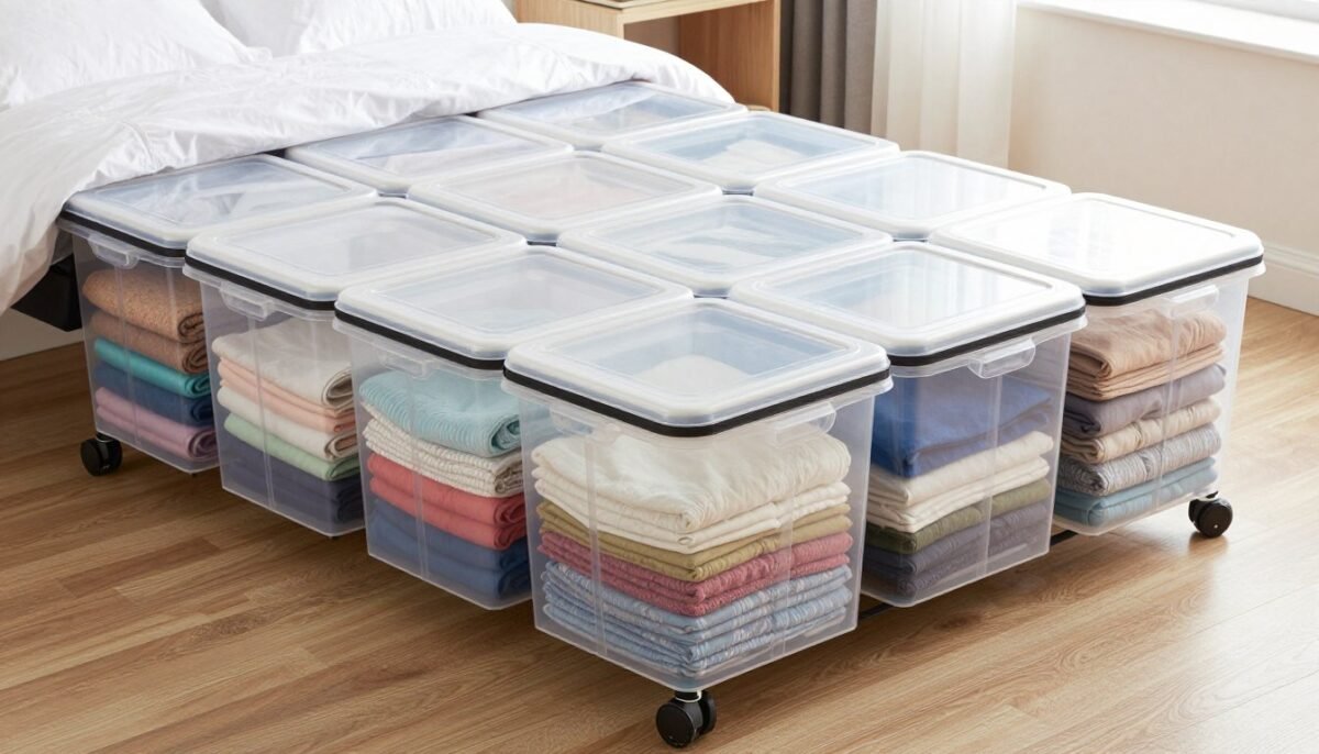 flat storage containers with wheels pulled out from under bed filled with folded fabric