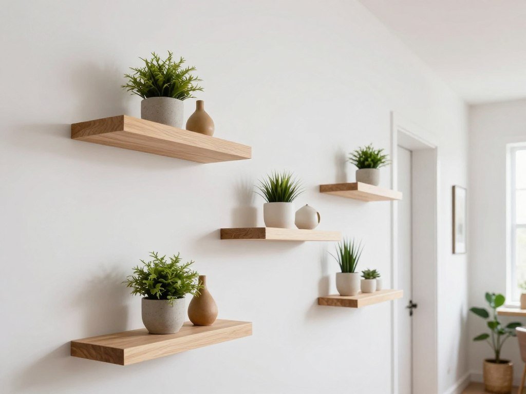 floating shelf system in hallway with minimal visual weight