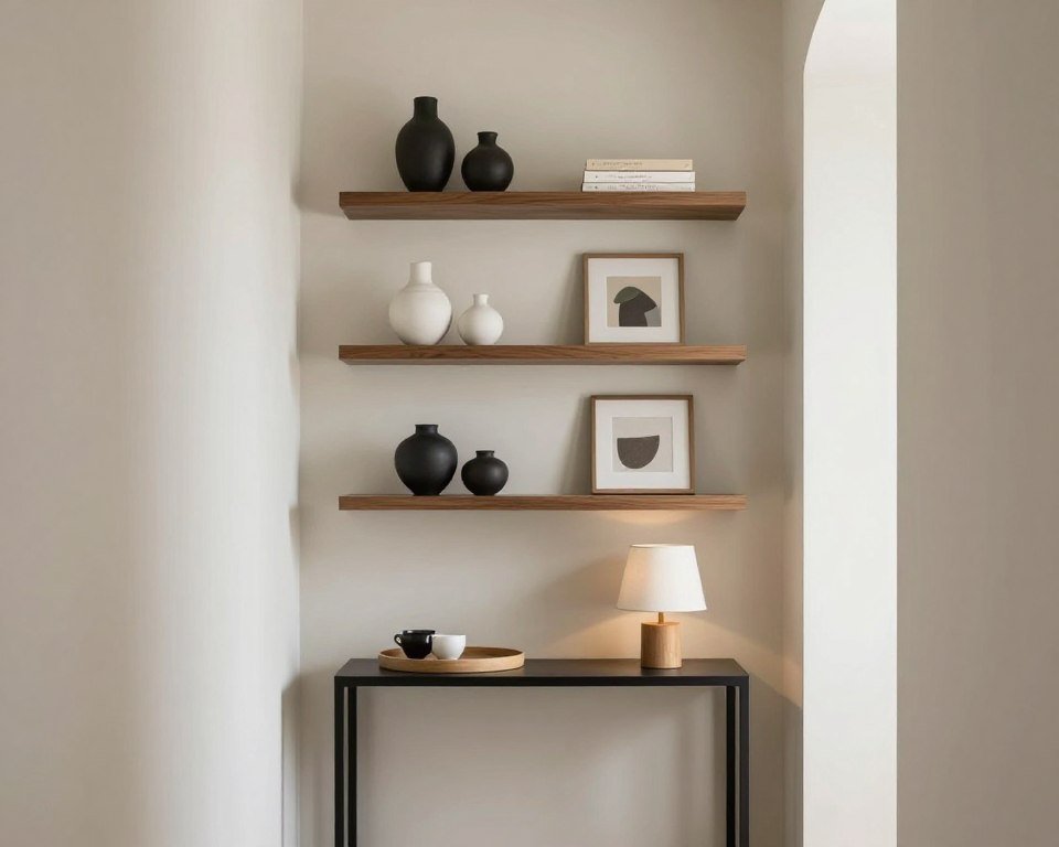 floating shelves above console table creating layered storage