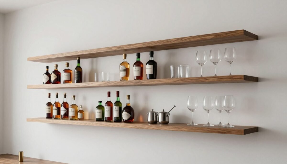 floating shelves creating a minimalist bar display