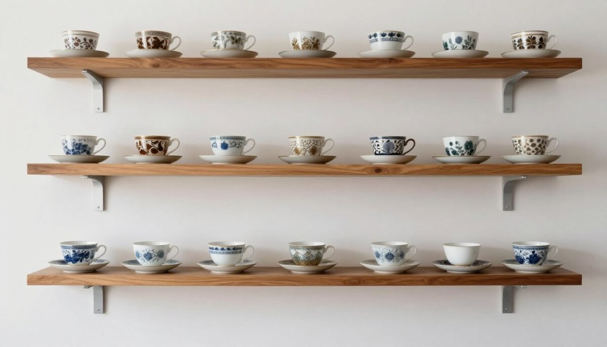 floating shelves displaying tea cups in organized rows floating shelves displaying tea cups in organized rows