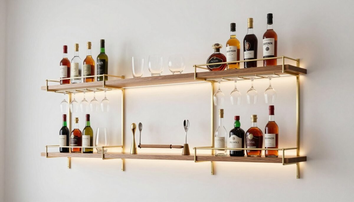 floating shelves home bar with wine glasses and spirits display