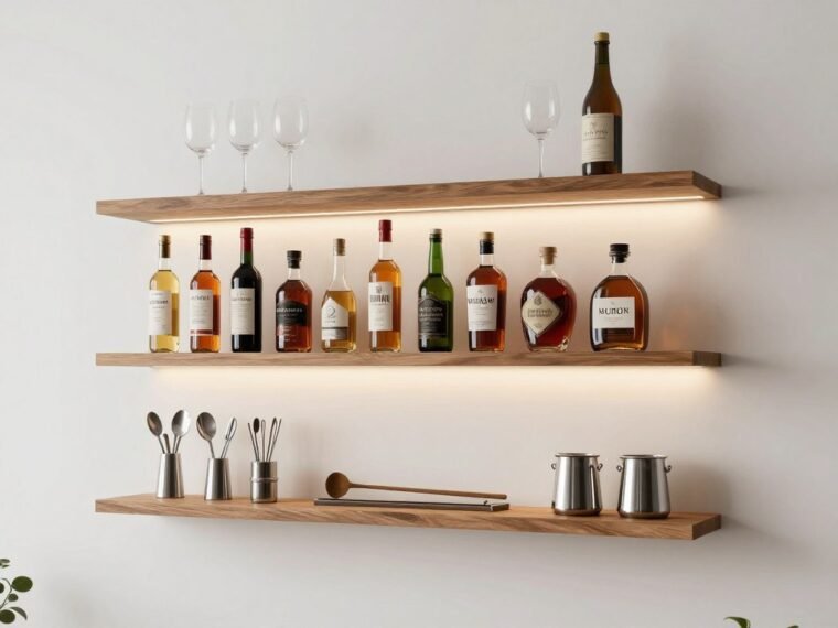 floating shelves mini bar with wine glasses and bottles on wall-mounted wooden shelves